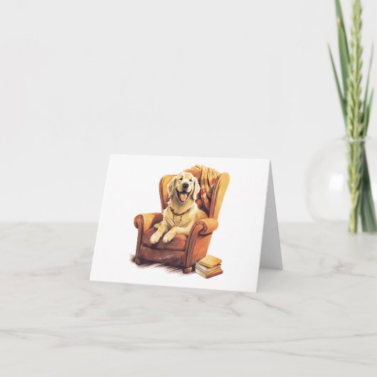 Dog auf Stuhl mit leerer Karte für Bücher (Vorderseite)