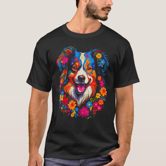 Dog Australian Shepherd Love Peace Flowers T-Shirt (Vorderseite)