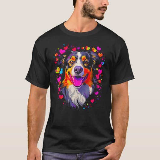 Dog Australian Shepherd Pink Red Hearts T-Shirt (Vorderseite)