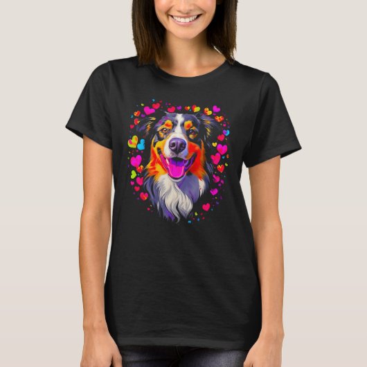 Dog Australian Shepherd Pink Red Hearts T-Shirt (Vorderseite)