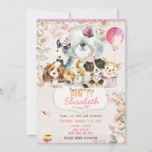 Dog Birthday Invitation Printable, girl Invitation Einladung (Vorderseite)