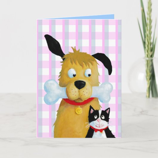 Dog Bone & Cat on Tartan Pattern - Grußkarte Karte (Vorderseite)