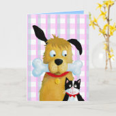 Dog Bone & Cat on Tartan Pattern - Grußkarte Karte (Gelbe Blume)