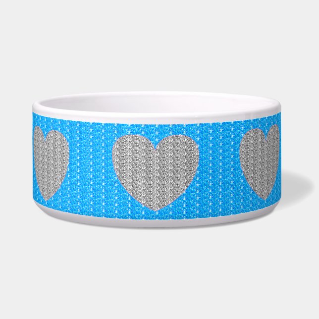 Dog Bowl Bright Blue Silver Heart Glitzer Napf (Vorderseite)