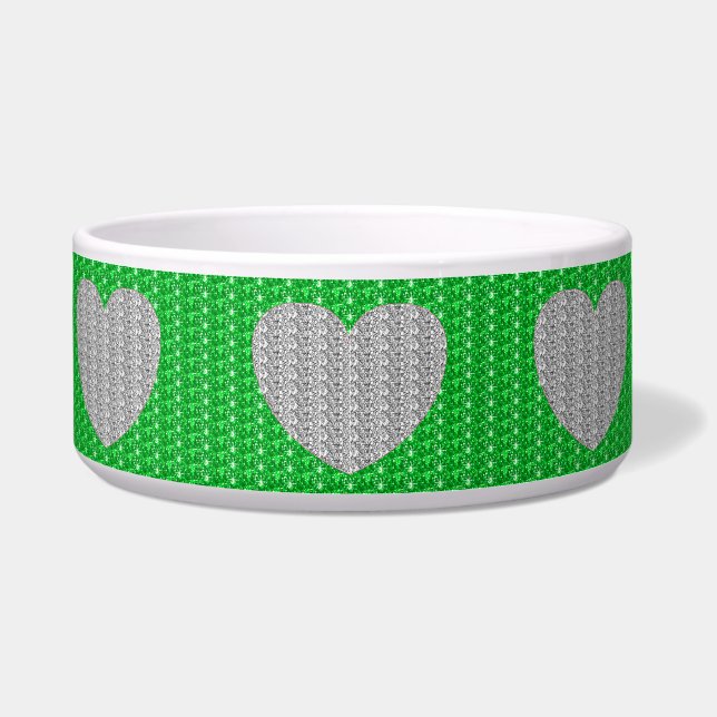 Dog Bowl Silver Green Heart Glitzer Napf (Vorderseite)