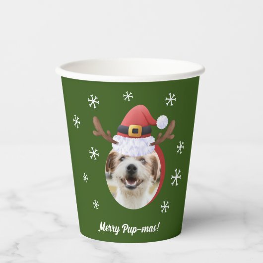 Dog Christmas Photos w/ Santa Reindeer Antler Hats Pappbecher (Vorderseite)