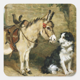 Dog & Donkey Animal Friends - Vintage Kunst von Em Quadratischer Aufkleber