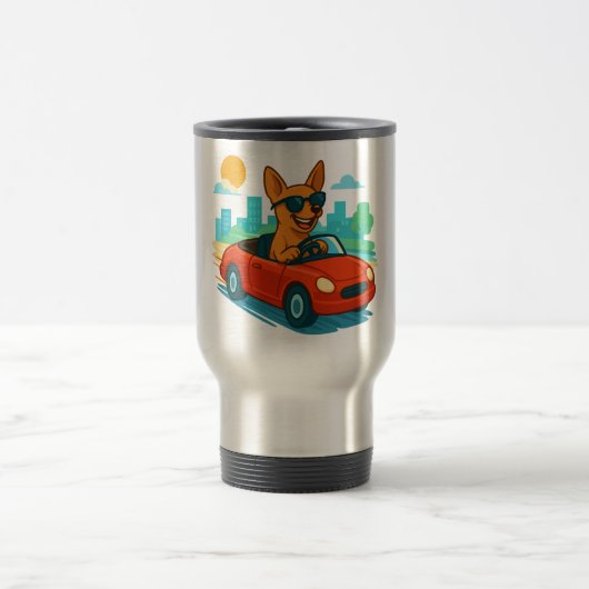Dog Driving Red Car Cartoon Travel Mug Reisebecher (Mittel)