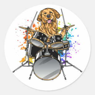 Dog Drummer Playing Drums Runder Aufkleber