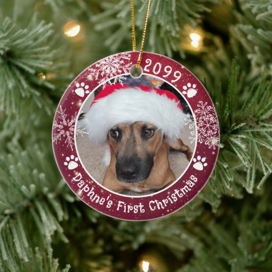 Dog First Christmas Snowflakes 2 Photos Keramik Ornament (Baum)