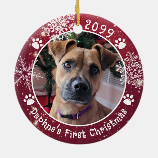 Dog First Christmas Snowflakes 2 Photos Keramik Ornament (Hinten)