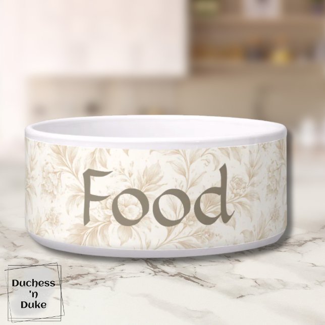 Dog Food Bowl - Ivlry Botanical, Name  Napf (Dog Food Bowl with ivory botanical design displayed on marble counter top)