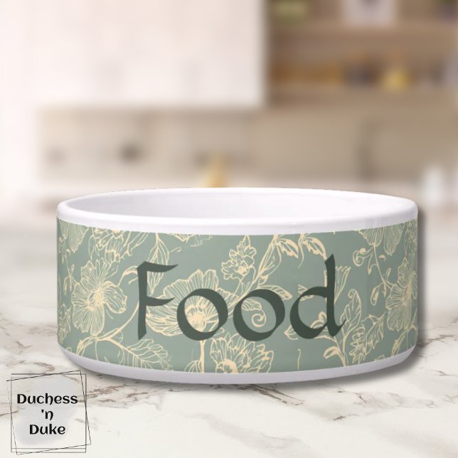 Dog Food Bowl - Sage Green Botanical, Name  Napf (Personalized Sage Green Botanical Food Pet Bowl on marble counter top)
