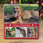 Dog Foto Collage Red Christmas Ornament<br><div class="desc">Dieses lustige Hund Foto Collage Weihnachtsschmuck ist einfach zu erstellen . Ersetzen Sie die Fotos durch die Bilder Ihres Haustieres (Für beste Ergebnisse ist das erste ein rechteckiges Bild und die 3 unteren quadratisch.) Auf der Rückseite können Sie Ihre eigene Nachricht schreiben oder einfach diese behalten werden. Fügen Sie das...</div>