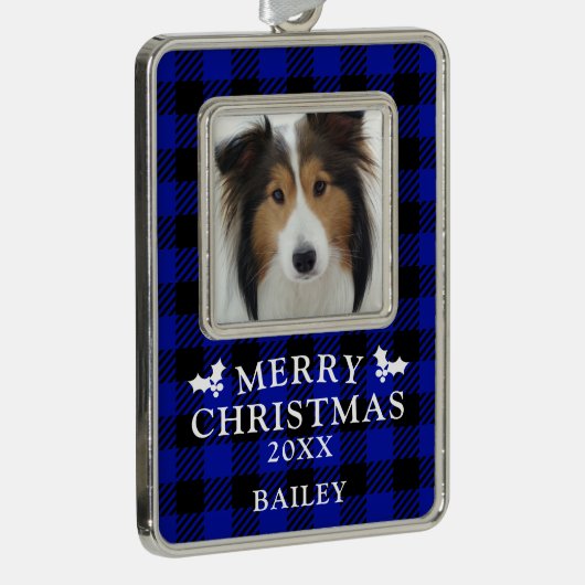 Dog Foto Frohe Weihnachten Blue Buffalo Karo Rahmen-Ornament Silber (Rechts)