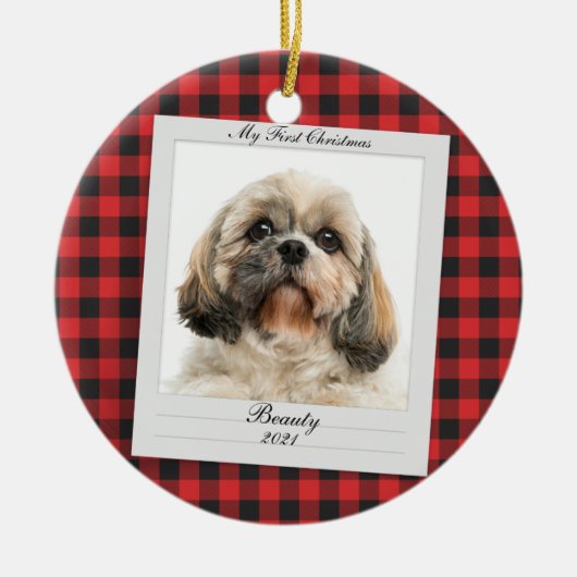 Dog Foto von First Christmas Pet Name Year Custom Keramik Ornament (Vorne)