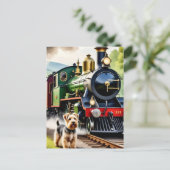 Dog Greeting steam train Postkarte (Stehend Vorderseite)