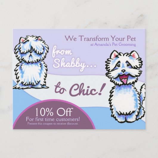 Dog Groomer Shabby Chic Westie Coupon Mailer Postkarte (Vorderseite)