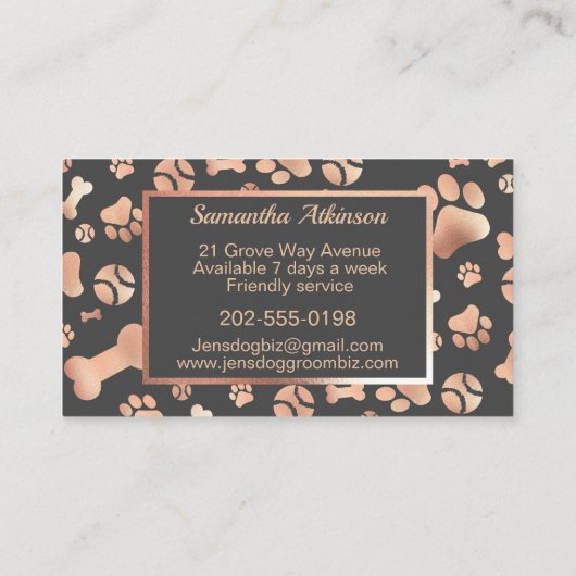 Dog Groomer Walker Rose Gold Paw Print Visitenkarte (Rückseite)