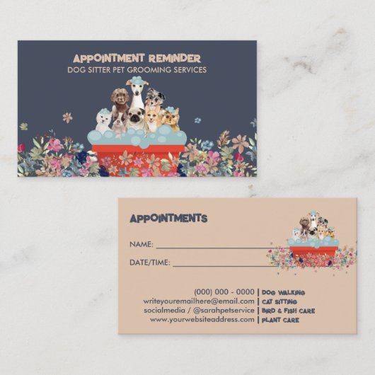 Dog Grooming Bath Bed Blumenernennung Visitenkarte (Vorne/Hinten)