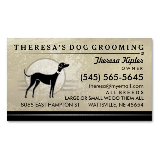 Dog Grooming Gold Swirl Black Magnet Business Card (Vorderseite)