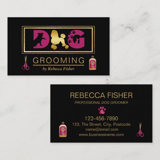 Dog Grooming Services Black Pink Business Card Visitenkarte (Vorne/Hinten)