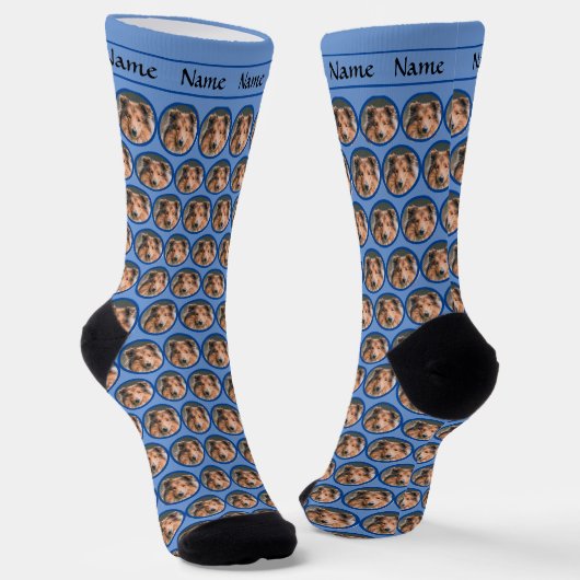 Dog Head Face Socks mit Name auf blau Socken (Gewinkelt)
