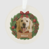 Dog Holiday Weihnachten Foto Red Bow Name Wreath Ornament (Vorderseite)
