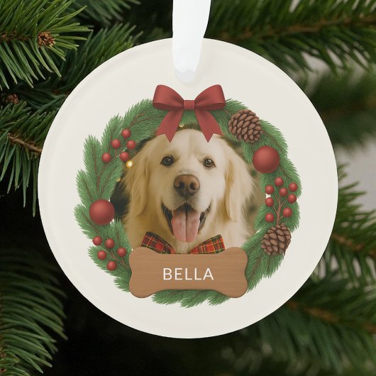 Dog Holiday Weihnachten Foto Red Bow Name Wreath Ornament