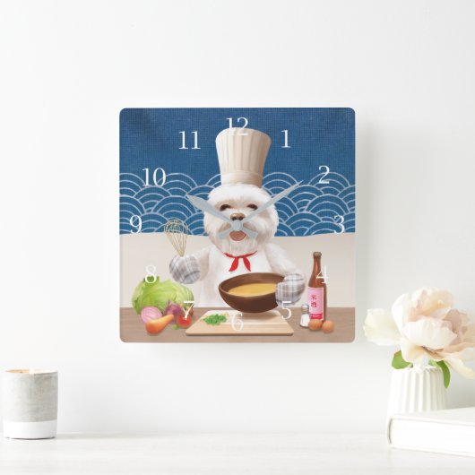 Dog In Chef Hat Cooks Soup Square Wall Clock Quadratische Wanduhr (Zuhause)