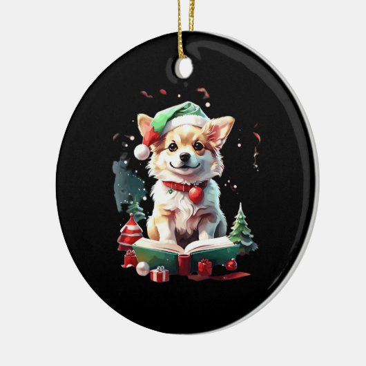 Dog in Christmas Hat with Books - A Perfect Christ Keramik Ornament (Links)