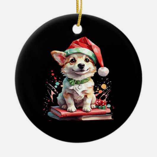 Dog in Christmas Hat with Books - A Perfect Christ Keramik Ornament (Vorne)