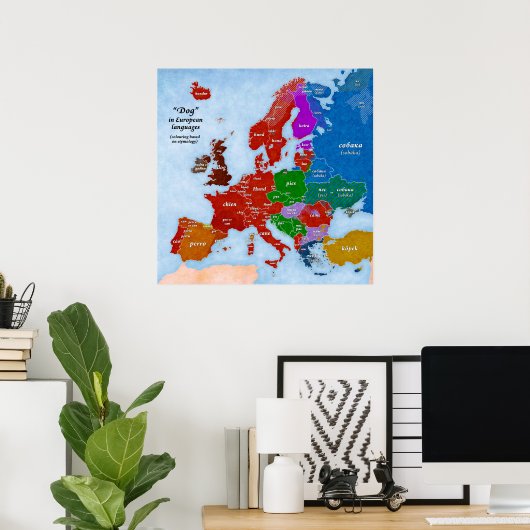 Dog in European Languages Map Poster (Heimbüro)