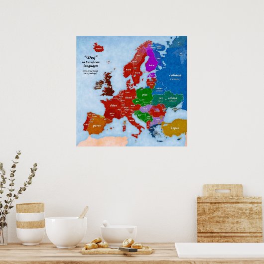 Dog in European Languages Map Poster (Küche)