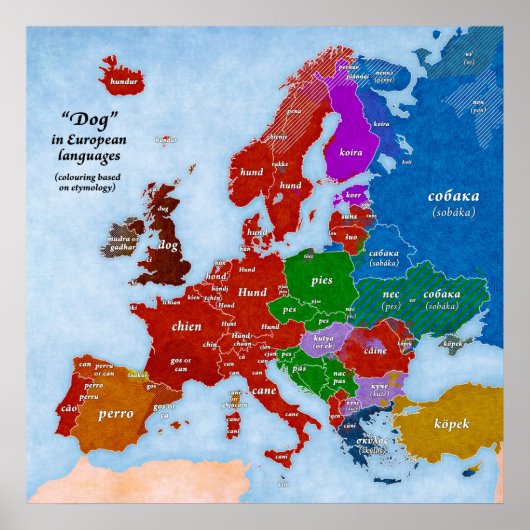 Dog in European Languages Map Poster (Vorne)