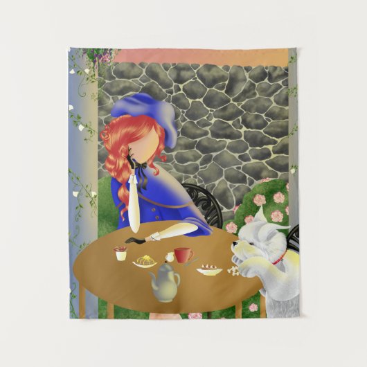 Dog & Lady im Café bei Sonnenuntergang "Forever Lo Wandteppich (Vorderseite)