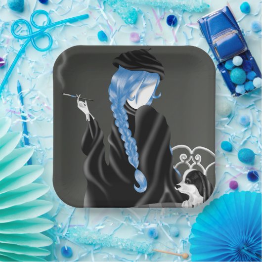 Dog & Lady im Café Blue Hair Paper Plate Pappteller (Party)