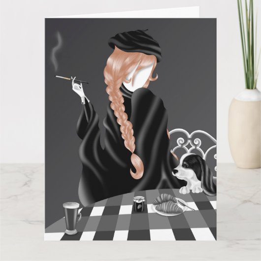 Dog & Lady im Café Brown Hair Greetings Card Karte (Vorderseite)