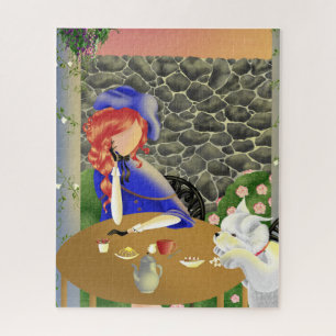 Dog & Lady im Café Lunch Jigsaw Puzzle