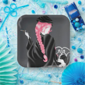 Dog & Lady im Café Pink Hair Paper Plate Pappteller (Party)