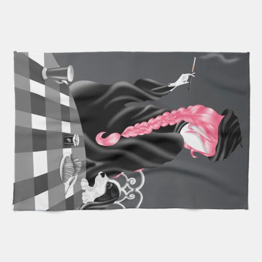 Dog & Lady im Café Pink Hair Tee Handtuch (Horizontal)