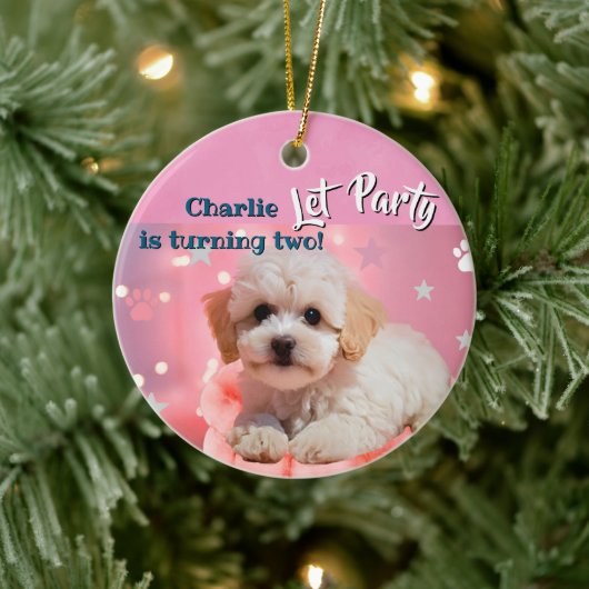 Dog Let's Party Birthday Keramik Ornament (Baum)