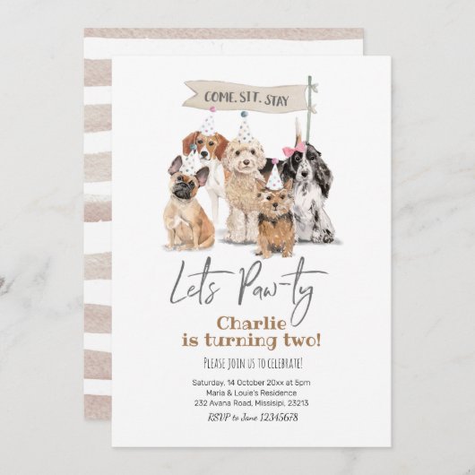 Dog Let's Pawty Birthday Einladung (Vorne/Hinten)