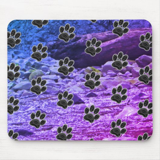 Dog Lover Blue Lila Clouds Black Puppy Paw Print Mousepad (Vorne)