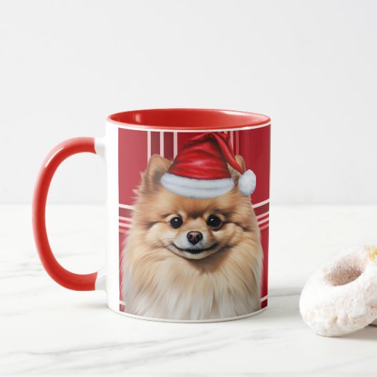 Dog Lover's Pomeranian Holiday Red Plaid Tasse (Mit Donut)