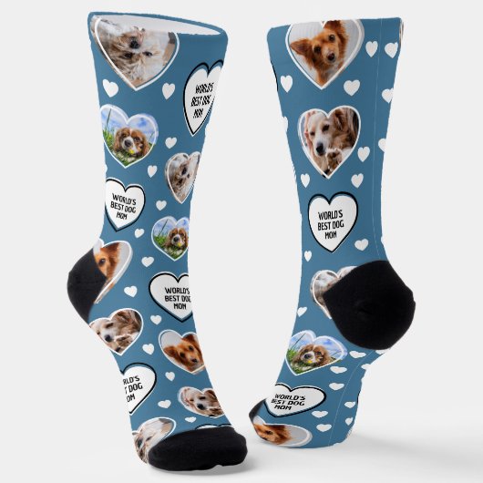 DOG MAMA Custom 4 Hauskatze Hund Herz Foto Blau Socken (Gewinkelt)