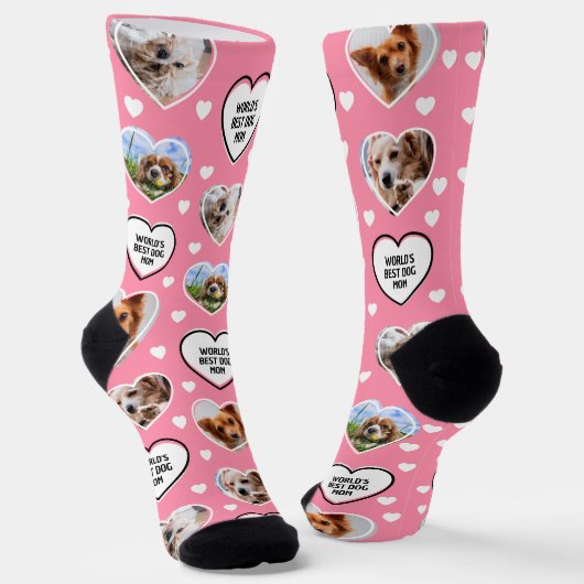 DOG MAMA Custom 4 Pet Cat Hund Herz Foto Rosa Socken (Gewinkelt)