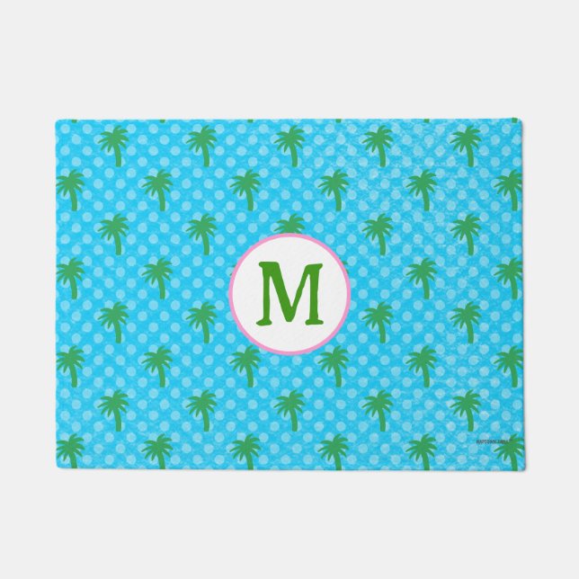 Dog Mat Coastal Blau mit Green Palm Tree Custom Fußmatte (Vorderseite)