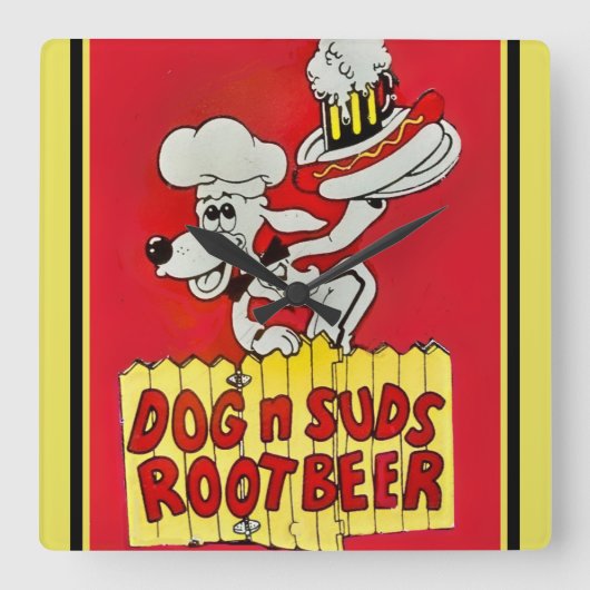 Dog N Suds Root Beer Clock Quadratische Wanduhr (Vorderseite)