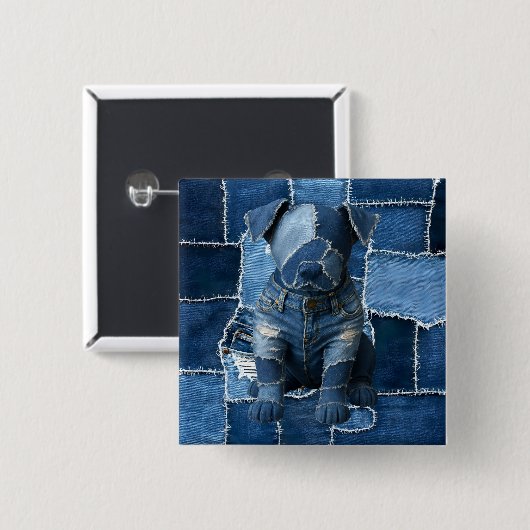 Dog Patchwork Art Denim Button (Vorne & Hinten)